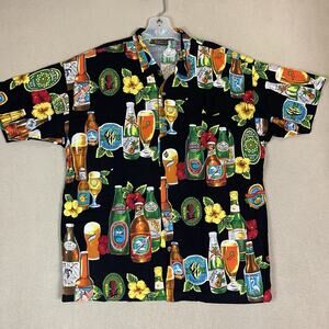 Manzini Collection Shirt Mens L Black Vintage Beer Bottles Hawaiian Button Up
